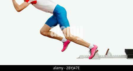 athlete sprinter runner start from starting blocks isolated on white background Stock Photo