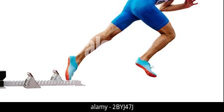 legs male runner sprinter start race from starting blocks on white background Stock Photo