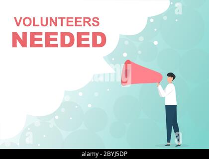 Guy with megaphone shouting VOLUNTEERS NEEDED on blue background, vector illustration in flat style Stock Vector