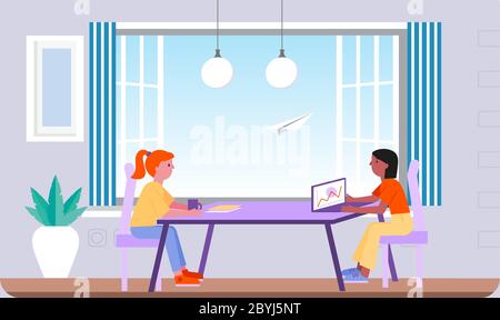 two girls working on laptop in the office Stock Vector