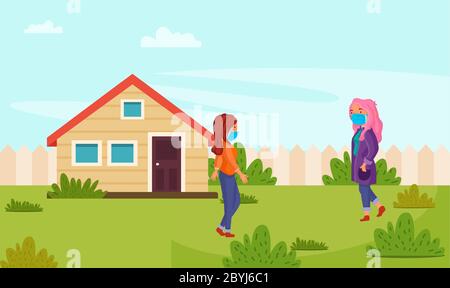 girls are meeting outside the home Stock Vector
