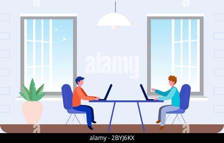 employees are working on laptop in office Stock Vector