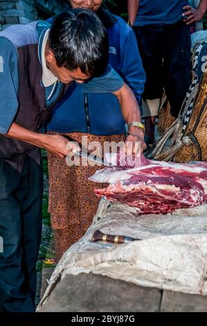 Nepal. Island Peak Trek. A visiting butcher demonstrates his skills to waiting Sherpa lady customers. Meat is a real treat for families in what is a basic vegetarian diet. The butcher has carried two whole leg loins of a Jak cow along the the animals liver from Lukla town several hours walk away visiting  all the small communities until there is nothing left of the meat. Even the bones will be used to make soup-broth then later pounded to dust to provide fertiliser Stock Photo