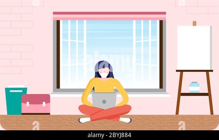 woman is sitting on the ground and working on laptop at home Stock Vector