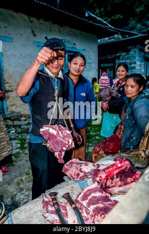 Nepal. Island Peak Trek. A visiting butcher demonstrates his skills to waiting Sherpa lady customers. Meat is a real treat for families in what is a basic vegetarian diet. The butcher has carried two whole leg loins of a Jak cow along the the animals liver from Lukla town several hours walk away visiting  all the small communities until there is nothing left of the meat. Even the bones will be used to make soup-broth then later pounded to dust to provide fertiliser Stock Photo