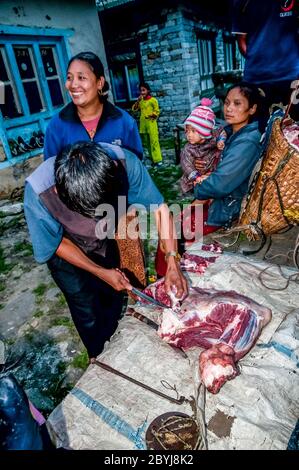 Nepal. Island Peak Trek. A visiting butcher demonstrates his skills to waiting Sherpa lady customers. Meat is a real treat for families in what is a basic vegetarian diet. The butcher has carried two whole leg loins of a Jak cow along the the animals liver from Lukla town several hours walk away visiting  all the small communities until there is nothing left of the meat. Even the bones will be used to make soup-broth then later pounded to dust to provide fertiliser Stock Photo