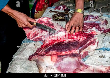 Nepal. Island Peak Trek. A visiting butcher demonstrates his skills to waiting Sherpa lady customers. Meat is a real treat for families in what is a basic vegetarian diet. The butcher has carried two whole leg loins of a Jak cow along the the animals liver from Lukla town several hours walk away visiting  all the small communities until there is nothing left of the meat. Even the bones will be used to make soup-broth then later pounded to dust to provide fertiliser Stock Photo