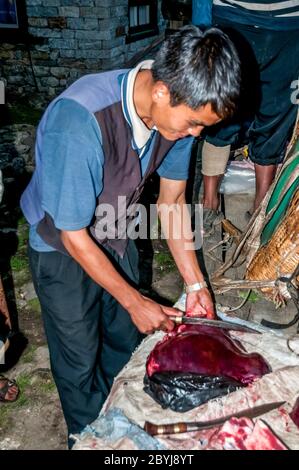 Nepal. Island Peak Trek. A visiting butcher demonstrates his skills to waiting Sherpa lady customers. Meat is a real treat for families in what is a basic vegetarian diet. The butcher has carried two whole leg loins of a Jak cow along the the animals liver [seen here] from Lukla town several hours walk away visiting  all the small communities until there is nothing left of the meat. Even the bones will be used to make soup-broth then later pounded to dust to provide fertiliser Stock Photo