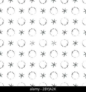 Conceptual moon crater and stars vector seamless pattern background. Grunge style hand drawn celestial meteor imprints black white backdrop. Modern Stock Vector