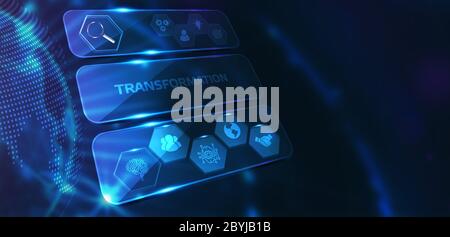 Business, Technology, Internet and network concept. Businessman presses button transformation on virtual screens. Stock Photo