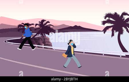 people wearing mask walking on the road Stock Vector