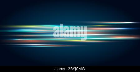 Abstract technology concept lighting effect and stripes moving fast horizontal lines on dark blue background. Vector illustration Stock Vector