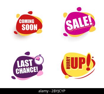 Set Speech bubble announcement. coming soon Sale last chance hurry up Promotion Icon Offer. advertising sign. Vector banner in modern flat style on wh Stock Vector
