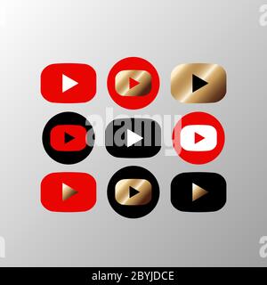 Media player button icon set in black red gold color on an isolated white background. EPS 10 vector. Stock Vector
