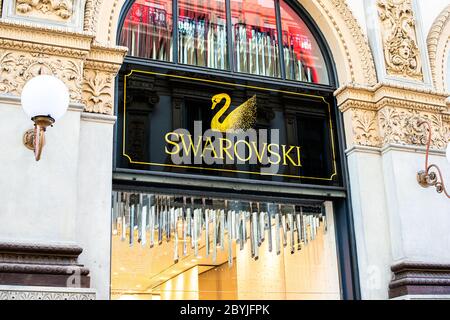 Milan, Italy, 20 December 2018: Swarovski store in Milan. Montenapoleone area. Fashion week Swarovski shopping. Stock Photo