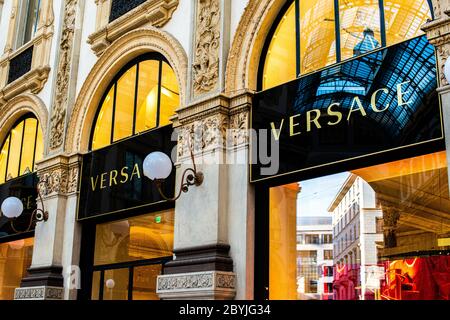 Milan, Italy, 20 December 2018: Shop windows of the Versace luxury boutique store in Milan. Versace is an Italian fashion company Stock Photo