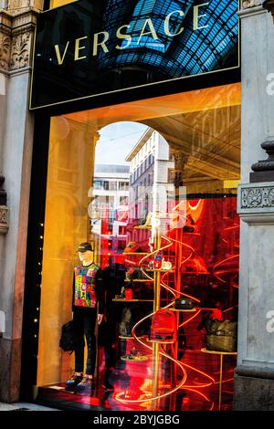 Milan, Italy, 20 December 2018: Shop windows of the Versace luxury boutique store in Milan. Versace is an Italian fashion company Stock Photo