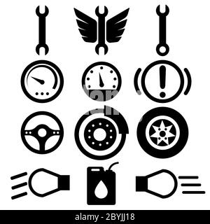 Car icon with basic car symbols: car repair, key, speed steering, wheel, car service in black color isolated on white background. EPS 10 vector. Stock Vector