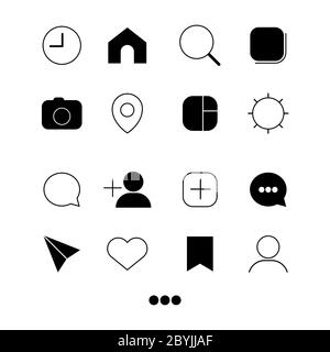 Universal network elements. Black and white symbols or internet button icons in black on a white background. EPS 10 vector. Stock Vector
