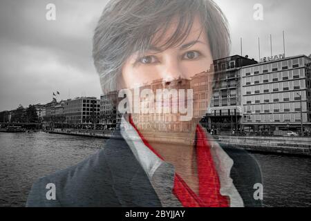 Woman and City of Geneva in Switzerland. Stock Photo