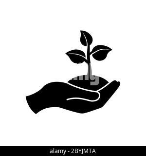 Hand holding seedlings with leaves or palm with sprout, ecology icon in black on an isolated white background. EPS 10 vector Stock Vector