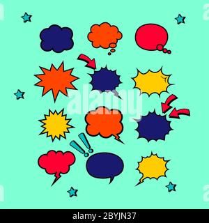 Retro empty comic bubbles in bright colors or speech and thought icon set on isolated background. Pop art style, vintage design. EPS 10 vector. Stock Vector
