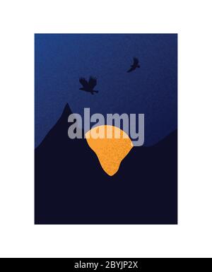 Sunset Dark Blue Silhouette Of Mountains And Sky With Big Yellow Sun Background With Silhouettes Of Eagles Flying Stock Vector