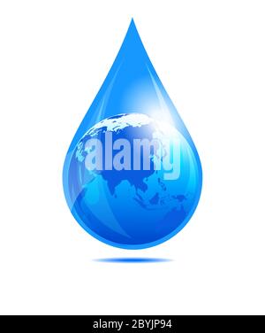 Water Drop World, China, India, Far East, Philippines, Malaysia, Globe in a Water Droplet Concept. Stock Vector