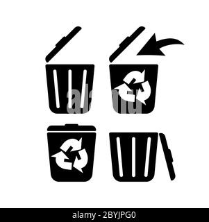 Recycle bin, litter bin, ecological recycle bin or trash can. Icon in black set isolated white background. EPS 10 vector. Stock Vector