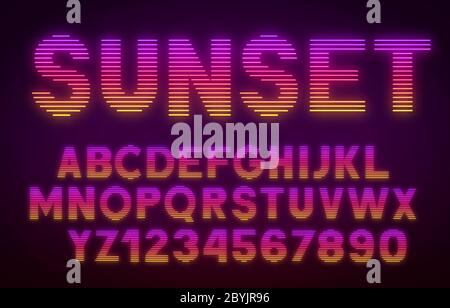 Futuristic retrowave font. Striped gradient glowing letters and numbers on dark background. Stock Vector