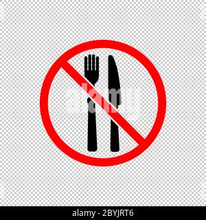 No food or stop eating icon in black and red. Fork and knife. Forbidden symbol simple on isolated background. EPS 10 vector. Stock Vector