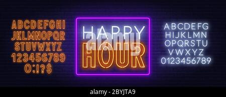Happy hour neon sign on dark background. Stock Vector