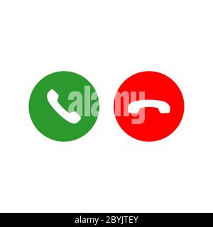 Accept and decline call or red and green yes no buttons with handset silhouettes icon. Call answer on isolated white background. EPS 10 vector. Stock Vector