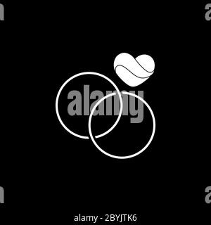 Wedding rings with a heart icon logo flat in white on isolated black background. EPS 10 vector or Valentine's Day. Simple love icon for websites. Stock Vector