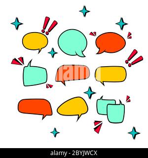 Retro empty comic bubbles in bright colors or speech and thought icon set on isolated white background. Pop art style, vintage design. EPS 10 vector. Stock Vector