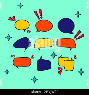 Retro empty comic bubbles in bright colors or speech and thought icon set on isolated background. Pop art style, vintage design. EPS 10 vector. Stock Vector