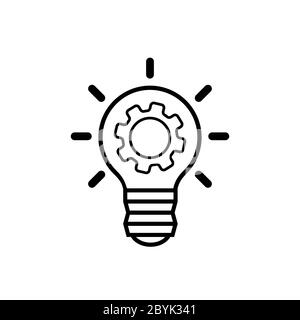 Light bulb idea icon with gears inside in black on an isolated white background. Business concept. EPS 10 vector Stock Vector