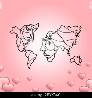 Valentine's day romantic heart with a world map or lovers' faces in pink color on an isolated background. EPS 10 vector. Stock Vector