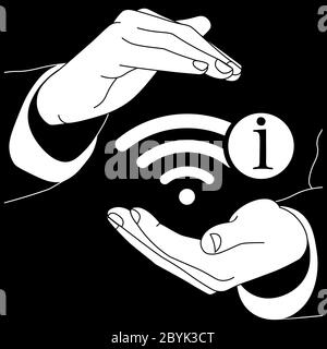 Hands holding free wifi icon or internet logo flat in white on isolated black background. EPS 10 vector. Stock Vector