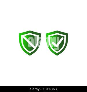 Tick mark approved on shield and security flat icon in green on isolated white background. EPS 10 vector. Stock Vector