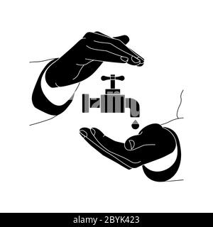 Hands holding a water tap icon flat logo in black and white on isolated white background. EPS 10 vector Stock Vector