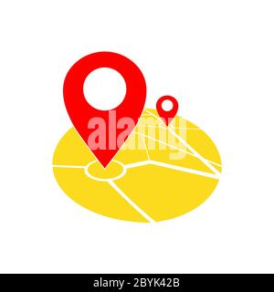 Map location, pointer, geo pin icon in red and yellow or geolocation, gps navigator, on isolated white background. EPS 10 vector. Stock Vector