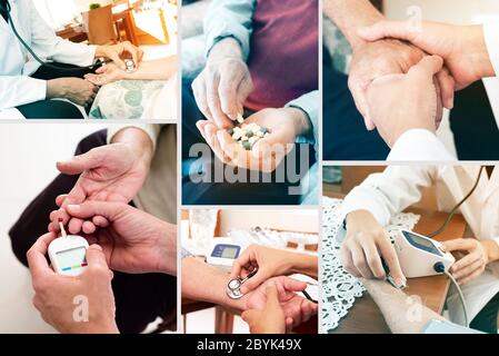 a collage of different pictures of a doctor man, in a white coat, visiting senior patients at their home or a nursing home, measuring their blood pres Stock Photo