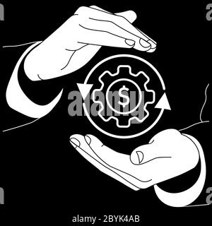 Hands are holding a gear with money, or a dollar bill flat logo icon in white color on an isolated black background. EPS 10 vector. Stock Vector