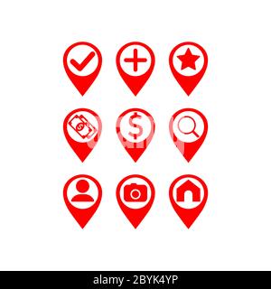 Map pointer icon set: pharmacy, store, currency exchange or geo pin, location in red or geolocation, gps, on isolated white background. EPS 10 vector. Stock Vector