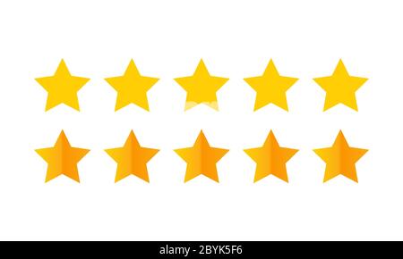 Product ratings, five stars or golden star, quality rating, feedback, premium icon set flat logo in yellow on isolated white background. EPS 10 vector Stock Vector