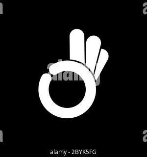 Good and OK or abstract okey. Hand symbol gesture logo design templatet in white on isolated black background. EPS 10 vector. Stock Vector