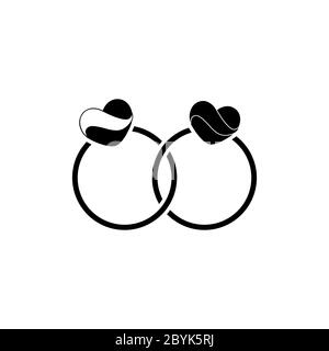 Wedding rings with a heart icon logo flat in black on isolated white background. EPS 10 vector or Valentine's Day. Simple love icon for websites. Stock Vector