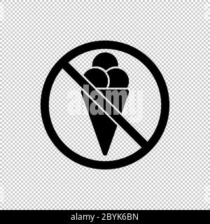 Stop food, no ice cream or no eating icon in black. Forbidden symbol simple on isolated background. EPS 10 vector. Stock Vector