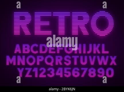 Futuristic retrowave font. Striped gradient glowing letters and numbers on dark background. Stock Vector